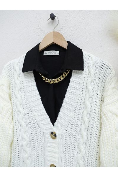 Modamorfo Cardigan gros de culoare ecru - cu nasturi și model tricotat