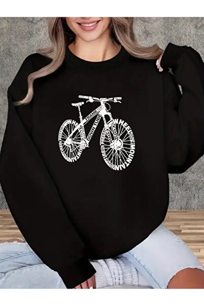 WOODROFFE Hanorac oversize negru gri pentru femei, cu imprimeu pentru biciclete