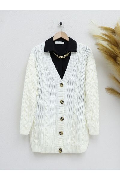 Modamorfo Cardigan gros de culoare ecru - cu nasturi și model tricotat