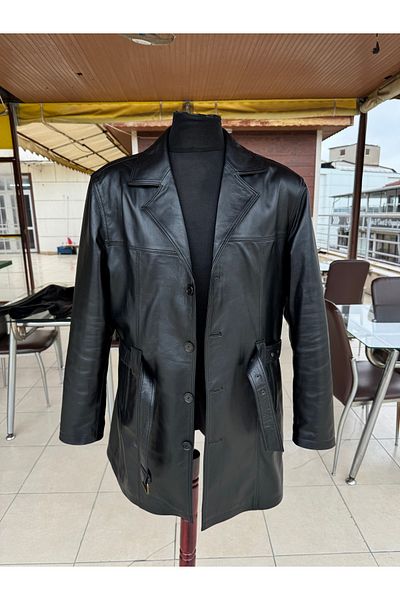 Şahan Deri Denizli Black Men's Genuine Leather Trench Coat