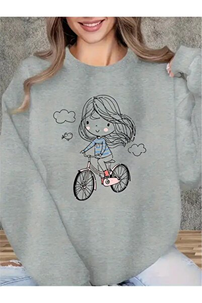 WOODROFFE سويت شيرت نسائي فضفاض برقبة دائرية مطبوع عليه دراجة هوائية باللون ا...