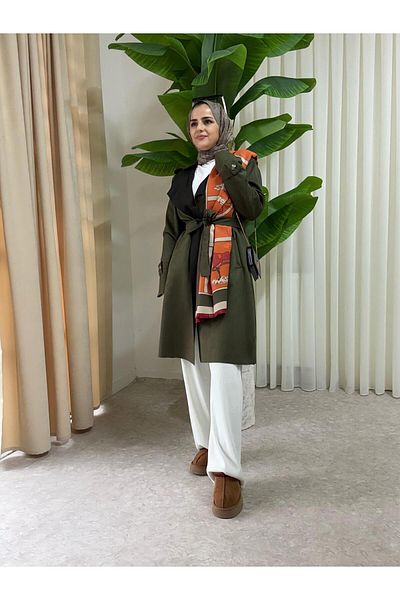 Aselim Hijap Moda Σετ μπουφάν και παντελόνι με πράσινη μαλακή ζώνη σουέτ