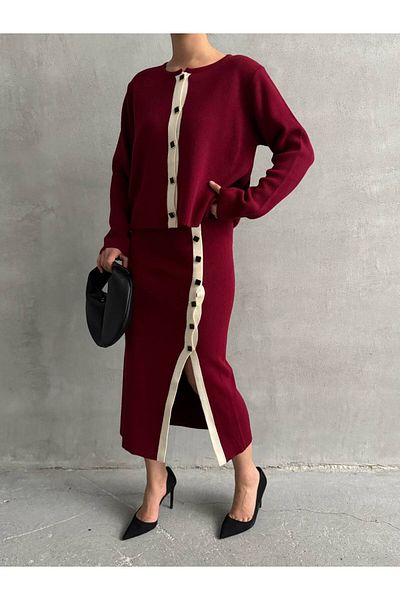 Lusin Burgundy Women's Knitwear Set - Button Detailed Sweater, Blouse and Skirt