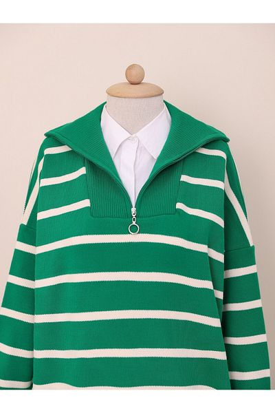 Modamorfo Half-Neck Zippered Double Plate Knitwear Tunic -Green