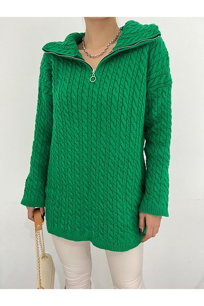 Modamorfo Half Zippered Turtleneck Winter Knitwear Sweater - Emerald