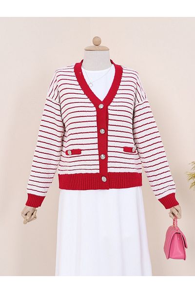 Modamorfo Dünn gestreifter Strick-Cardigan mit Knopftaschendetail – Fuchsia