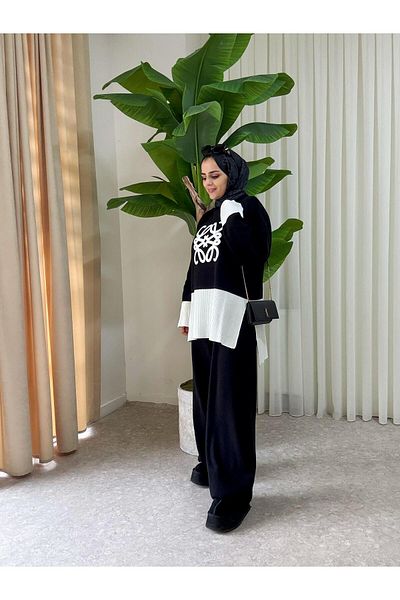 Aselim Hijap Moda Μαύρο Casual Knitwear Διπλό Σετ - Πλισέ και ανάγλυφο