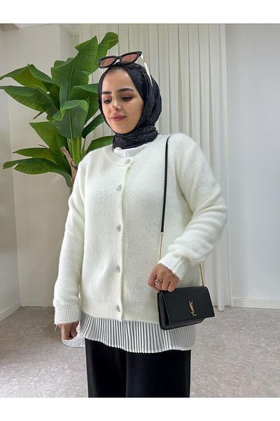 Aselim Hijap Moda White Knitwear Double Set - Fringed and Rhinestone Cardigan