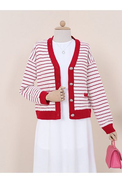 Modamorfo Dünn gestreifter Strick-Cardigan mit Knopftaschendetail – Fuchsia