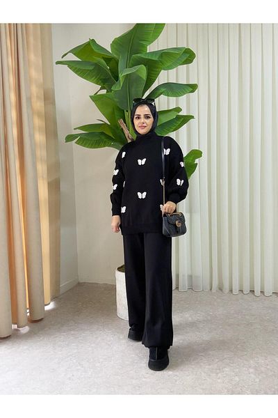 Aselim Hijap Moda Black Butterfly Textured Knitwear Double Set