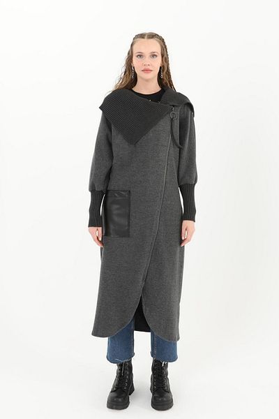Puane Women's Cross Zippered Shawl Collar Detailed Leather Pocket Cardigan 15189