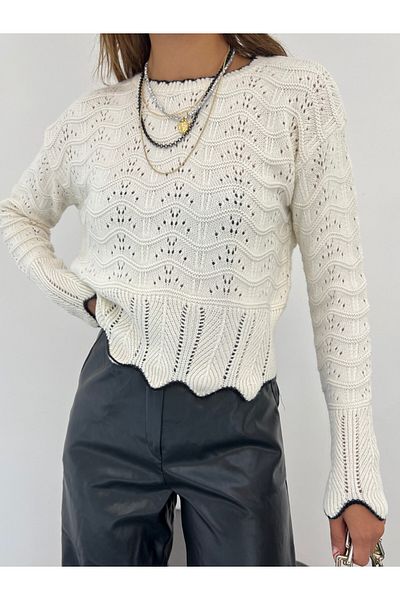 Modamorfo Knitted Pattern Openwork Crop Knitwear Sweater - Stone
