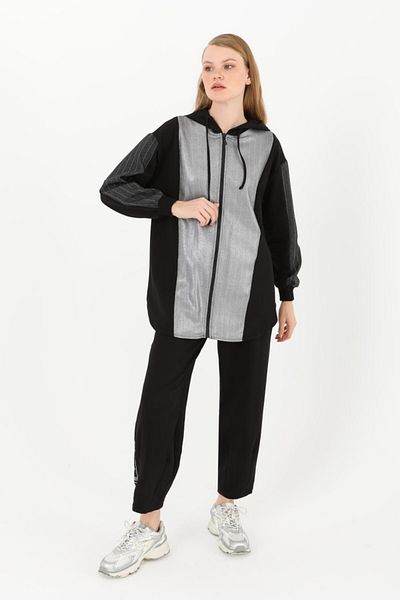 Puane Women's Hooded Front Shiny Pants Tunic Suit