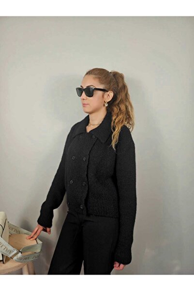 Dilvin 60928 Polo Yaka Düğmeli Yumuşak Triko Hırka-SİYAH