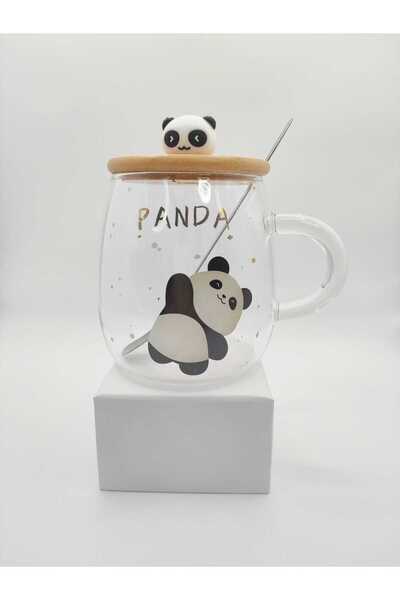 Skycave Ahşap Kapaklı Metal Kaşıklı Panda Desenli Hediyelik Cam Kupa Bardak
