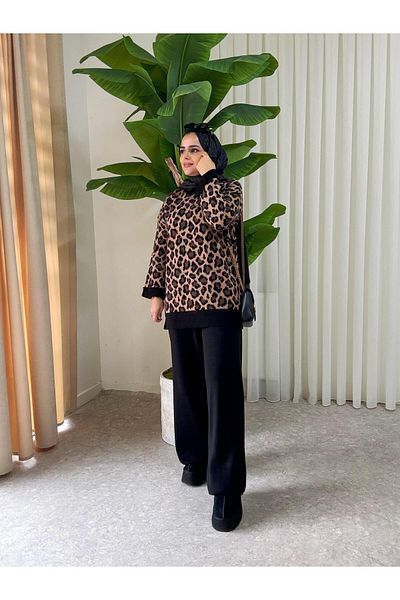 Aselim Hijap Moda Χειμερινό Λεοπάρ Σχέδιο Διπλό Πλεκτό Σετ - Καφέ