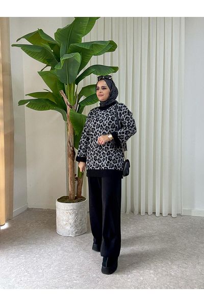 Aselim Hijap Moda Gray Leopard Print Winter Double Knitwear Set