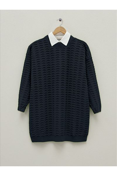 Modamorfo Embossed Patterned Round Neck Knitwear Tunic - Black
