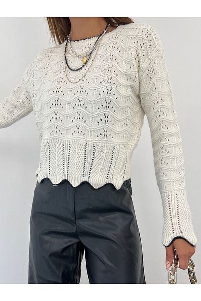 Modamorfo Knitted Pattern Openwork Crop Knitwear Sweater - Stone