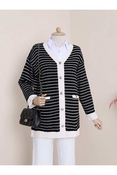 Modamorfo Buttoned Striped Cardigan with Pocket Detail