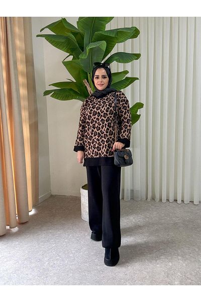 Aselim Hijap Moda Χειμερινό Λεοπάρ Σχέδιο Διπλό Πλεκτό Σετ - Καφέ