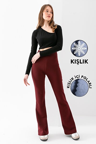 RuyaMood Pantaloni de damă, de iarnă, de culoare burgundă, cu fleece la inter...
