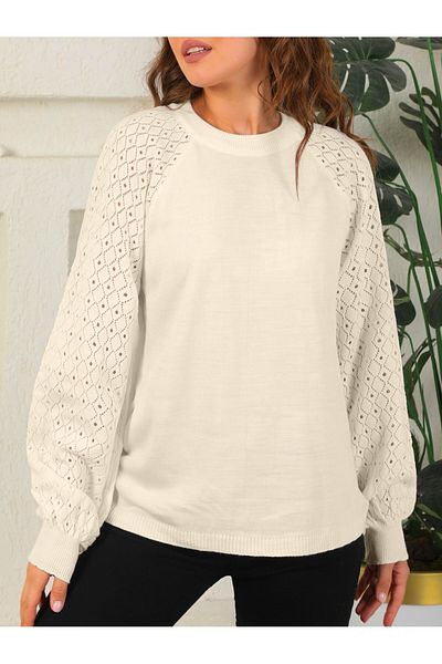 Modamorfo Women's Knitwear Sweater with Openwork Sleeves -Cream