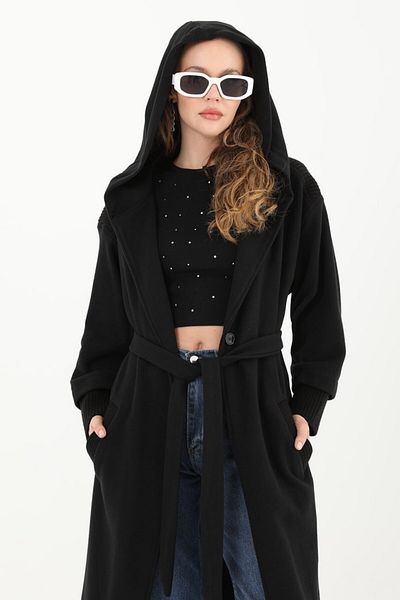 Puane Cardigan negru pentru femei - cu glugă și eșarfă, model 15190