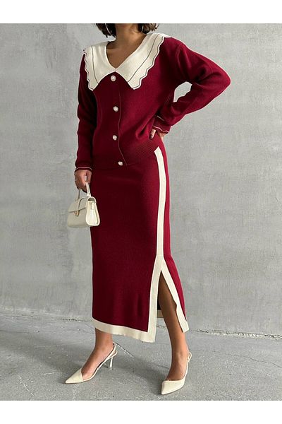 Lusin Burgundy Women's Knitwear Set - Stylish Neckline Detailed Cardigan and Skirt