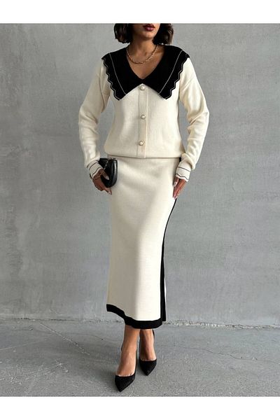 Lusin Ecru Women's Knitwear Set - Stylish Neckline Detailed Cardigan and Skirt