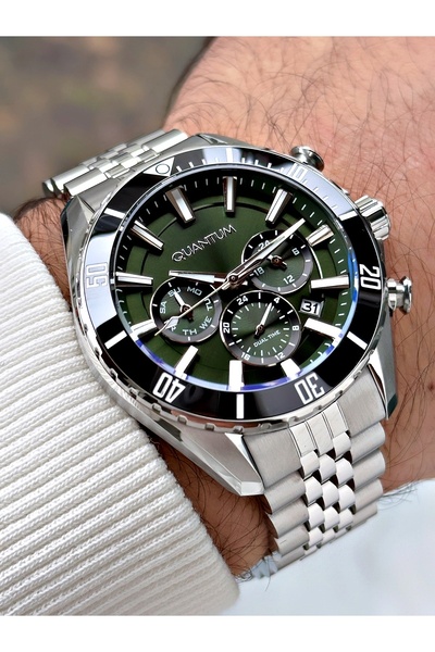 Quantum Function Silver-Green Color Waterproof Steel Band Steel Case Men's Wristwatch 1187.370