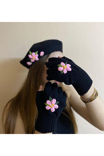 sema aksesuar Black Handmade Pink Pearl Floral French Painter Beret and Fingered Gloves Set - Gift
