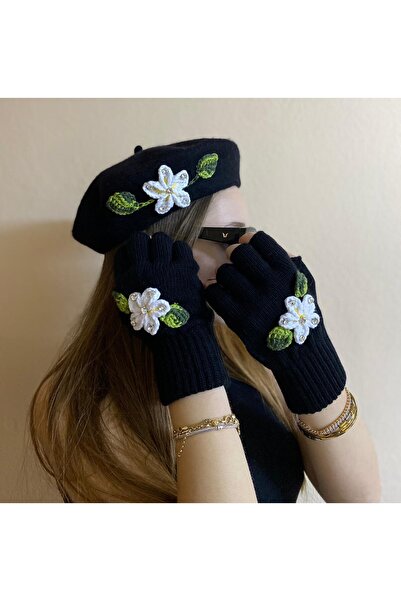 sema aksesuar Black Handmade Zircon Cubic Zirconia White Floral French Painter Beret and Finger Cut Gloves Set