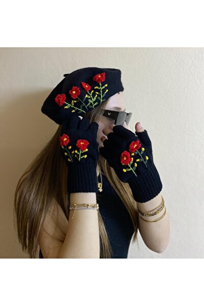 sema aksesuar Black Handmade Red Floral Embroidered French Painter Beret and Fingered Gloves Set - Gift