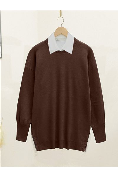 Modamorfo Sweter dzianinowy - rozcięcie i chwost, kolor brązowy