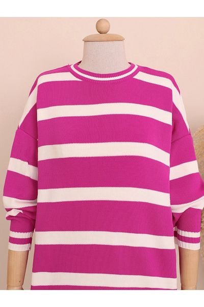 Modamorfo Fuchsia Striped Winter Hijab Knitwear Tunic