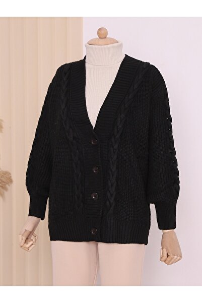 Modamorfo Černý zimní kardigan - pletený a řetízkový detail