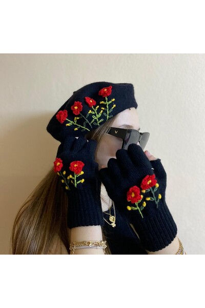sema aksesuar Black Handmade Red Floral Embroidered French Painter Beret and Fingered Gloves Set - Gift