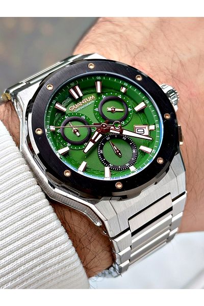 Quantum Silver-Green Color Steel Band Steel Case Men's Wrist Watch 1081.370
