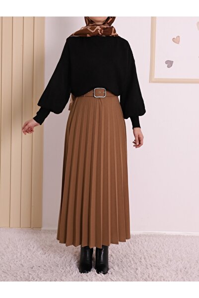 Modamorfo تنورة حجاب شتوية مخملية من فرو المنك - مطوي مع إبزيم وحزام