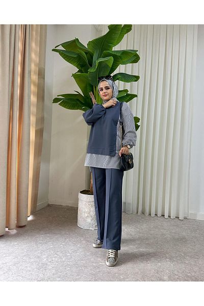 Aselim Hijap Moda Anthracite Gray Double Set - Shirt and Lightweight Pants