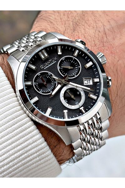 Quantum Function Silver-Black Color Steel Band Steel Case Men's Wrist Watch 1165.380