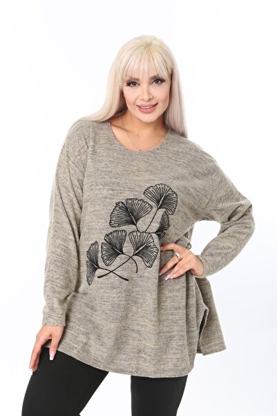 tıgersıze Plus Size Women's Soft Flock Printed Soft Fabric Sweater