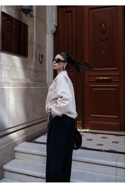 REKA MODA White Bomber Jacket - Shirt Collar, Zip-Up