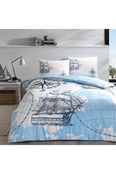 STOREMAX Marine Patterned Cotton Duvet Cover Set, Turquoise, Double