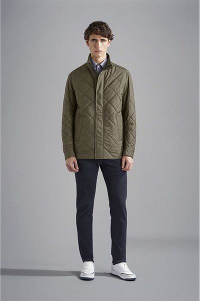 PAUL&SHARK Men's Khaki Coat - Stand Collar, Zip-Up, Quilted, and Pocket Detail 14312610 -036