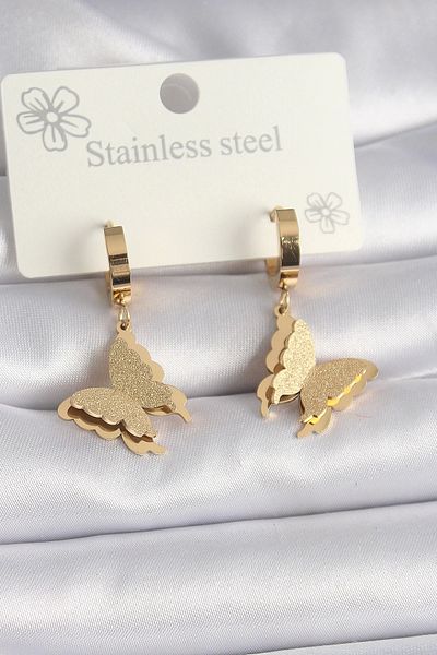 Paurella 316L Steel Gold Color Glittered Butterfly Model Women's Earrings