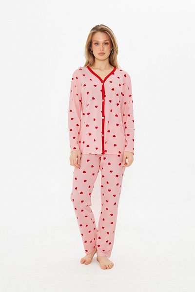 ESPİNA Women's V-Neck Buttoned Long Sleeve Pajamas Set