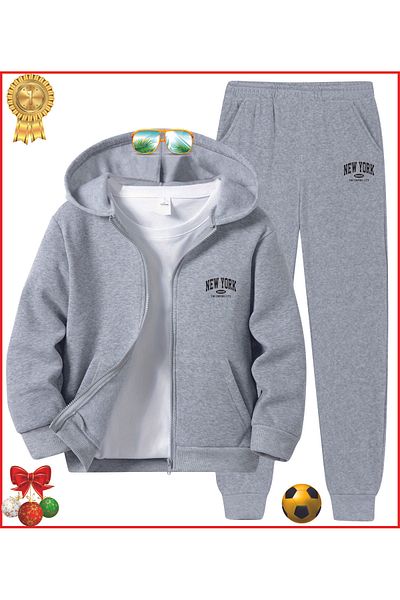 HOFFNUNG Full Hoodie New York the Empire City Grey Printed Tracksuit Set