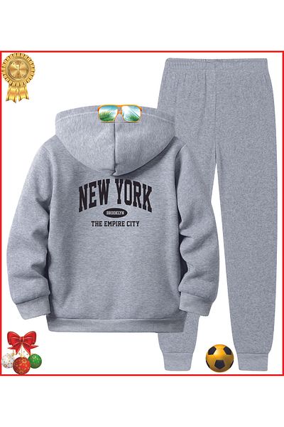 HOFFNUNG Full Hoodie New York the Empire City Grey Printed Tracksuit Set